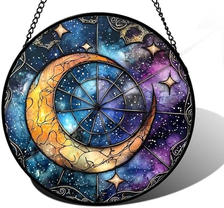 Celestial Moon Stained Glass Window Hanging Suncatcher Gift for Women 9.8" by DASTOLL
