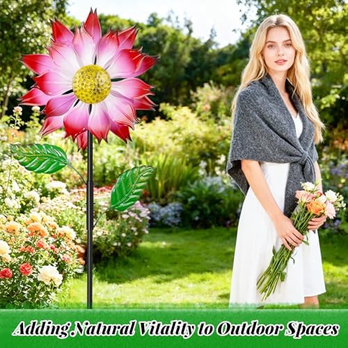 Pink Metal Wind Spinners Outdoor for Garden Yard, 63.4" Kinetic Large Wind Spinner & Sculptures with Stable Metal Stake, Garden Windmill for Yard Lawn Patio Art Decor - Image 4