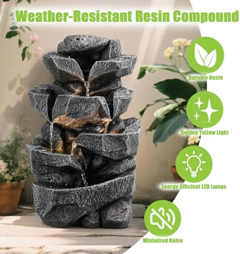 Cascading Rock Water Fountain with LED Lights for Outdoors, Garden Waterfall Fountain Decor - Patio, Backyard, Porch Resin Water Feature with Soothing Sounds for Home Art Decor (B) - Image 5