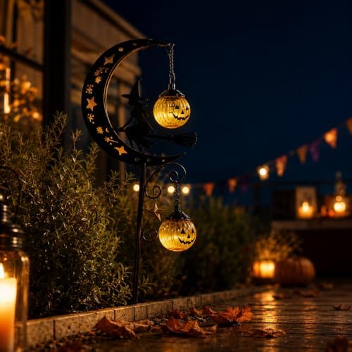 Halloween Solar Garden Stake Light Crescent Moon Black Witch - Image 7