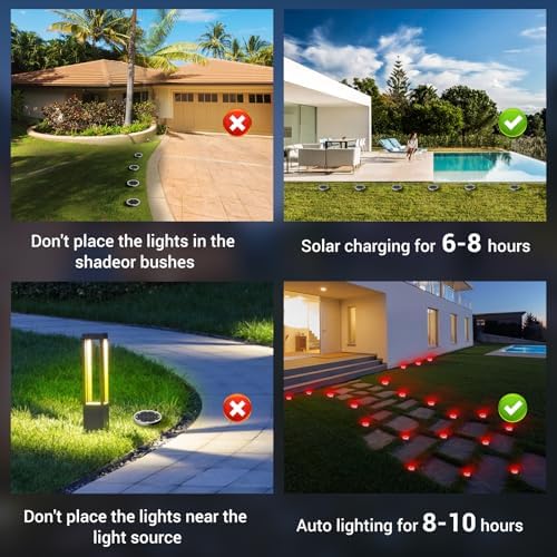 Peasur Mini Solar Ground Lights Outdoor, 8 Pack Flat Solar Powered Disc Lights, IP68 Waterproof, Anti-Rust, Landscape Lighting for Pathway Garden Yard Lawn Walkway Landscape Driveway, Red - Image 7