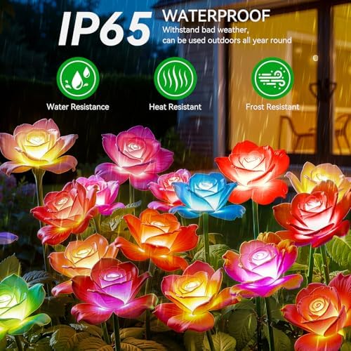 KOOPER 6 Pack Solar Lights Outdoor Garden Decor, 7 Color Changing Solar Flowers Outdoor Waterproof with 30 Bigger & Realistic Rose, Enlarged Size Panel for Patio Yard Garden Cemetery Decoration, Gifts - Image 4