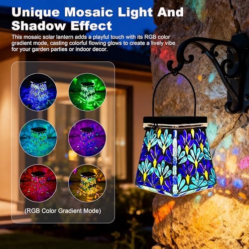 VOREEN Mosaic Solar Lantern, Colorful Mosaic Glass Decorative Lantern for Outdoor Garden & Patio, Tabletop or Hanging Solar Powered Light, Blue Petal Mosaic Design - Image 4