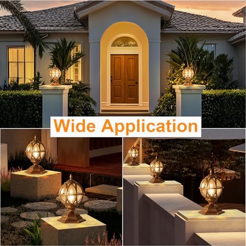 Outdoor Post Caps Lights Fixture Exterior Post Mount Column Lights IP55 Waterproof Pillar Lamps Fence Deck Caps Lanterns With Globe Amber Glass Landscape Lighting Yard Porch Gate Bollard Pedestal Lamp - Image 5