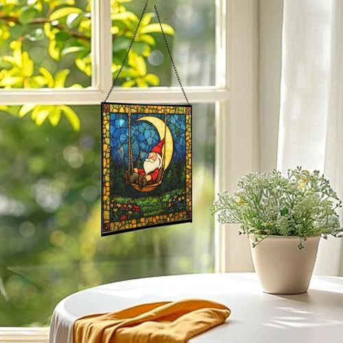 Moon Swinging Gnome Stained Glass Suncatcher – Square Hanging Window Panel for Home or Greenhouse – Whimsical Glass Art Gift for Garden Lovers, Christmas, Halloween, Father Days npNIdd - Image 3