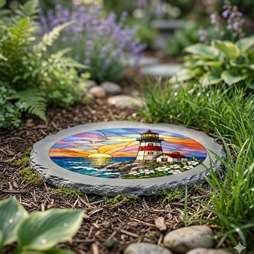 Magnolia Garden 10-Inch Lighthouse Stepping Stone - Faux Stained Glass Ocean Sunset Garden Stone, Weather-Resistant Resin Pathway Accent, Nautical Coastal Outdoor Yard Decor & Walkway Plaque - Image 4