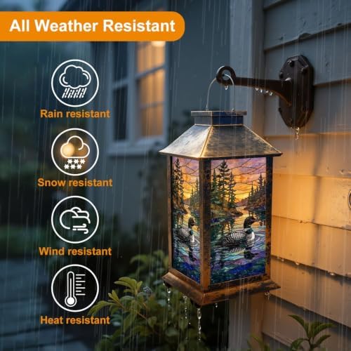 Solar Lantern Stained Glass Artwork Loon Lake Pine Trees Sunset Hunting Garden Hanging Lantern Waterproof Solar Powered Lighting Outdoor Table Lamp for Deck Yard Patios Trees Decor - Image 5