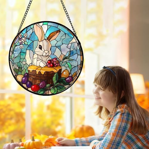 CHATYOUNG Stained Glass Window Hanging Color Berry Rabbit 9.8" - Animal Suncatcher Door Garden Home Decor and Christmas Mother's Day Birthday Gift Grandma Mom Women Men Animals Lover - Image 2