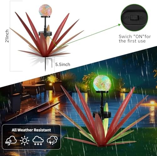2Pack Tequila Rustic Sculpture Metal Yard Decor with Solar Mosaic Light, 21Inches Height Hand Painted Metal Agave Garden Statue Red - Image 2