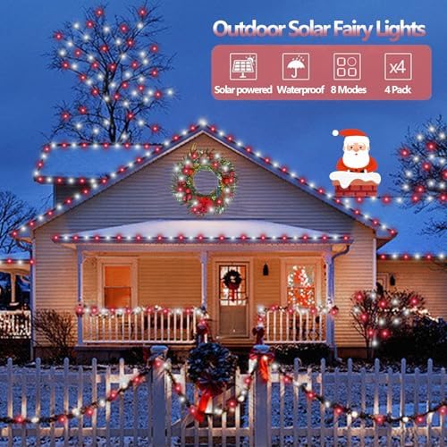 YEGUO 4 Pack Red and White Solar Fairy Lights, Each 33ft 100 LED Christmas Lights Outdoor Waterproof, 8 Modes Sliver Wire Solar String Lights - Image 5