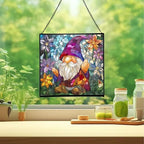 Gnome with Crystal Flowers Stained Glass Suncatcher – Square Hanging Window Panel for Home or Greenhouse – Whimsical Glass Art Gift for Garden Lovers, Christmas, Halloween, Father Days L3qupH - Image 2