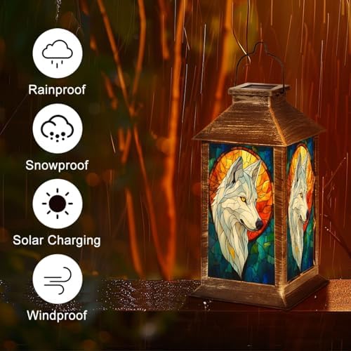 Solar Lantern Wolf Stained Glass Portrait Golden Sun Halo Blue Mosaic Wildlife Art Outdoor Waterproof Hanging Solar Light Outside Lights for Patio Yard House Lawn Decor Birthday Gifts for Women Mom - Image 5