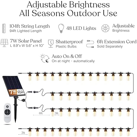 Brightech Solar String Lights with 48 Hanging Edison Bulbs and Brightness Controls with Remote 7W-104 3000K - Image 5
