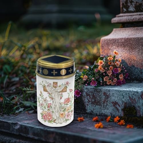 Poceacles Cross Grave Lights for Cemetery Solar Lights for Grave Solar Candle Solar Lantern Light Walkway Lights Waterproof Landscape Lighting for Loss of Mom Dad, Floral Cross White, Pack of 6 - Image 3