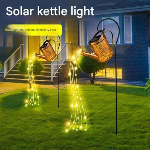 Outdoor Decorative LED Watering Can Light Stake, Copper Metal Garden Art with Star Pattern, Black Stand, Outdoor Solar Fountain - Image 7