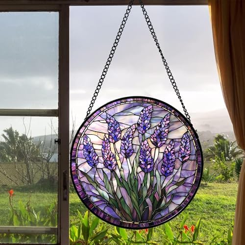 Stained Glass Window Hanging - Purple Flowers Suncatcher for Door Terrace Garden Home Decor Lavender Plant Floral Sun Catcher Birthday Gifts for Lovers Women Men Dad Mom Nana 15 in - Image 4