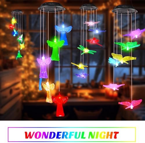 Baquler 4 Pcs Solar Wind Chimes for Outside Hummingbird Angel Butterfly Dragonfly Waterproof Hanging Solar Lights for Patio Garden Yard Porch Outside Gifts for Mom Grandma Women - Image 4