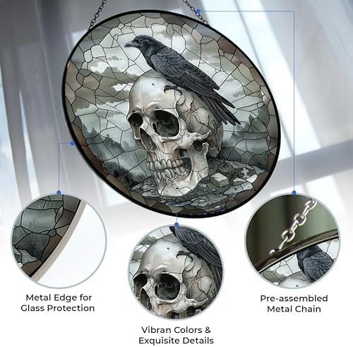 Skull Crow Stained Glass Window Hanging Suncatcher 12" Glass Panel with Metal Chain Sun Catchers Wall Art Home Decor Gift for Women Mother's Day - Image 2