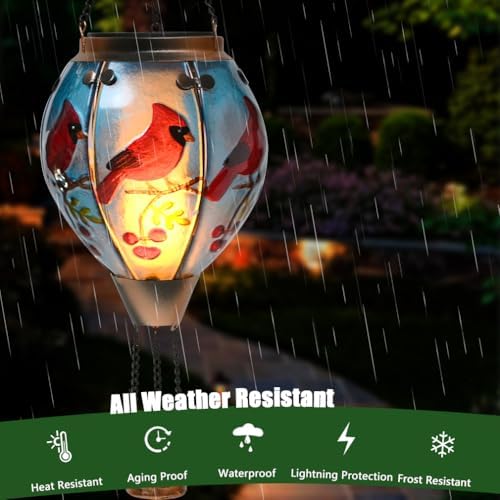 Hot Air Balloon Solar Lantern - Cardinal Bird Glass Lantern, Simulated Flickering & Dancing Flame, Outdoor Hanging Yard Light Waterproof IP65 for Patio Lawn Porch Decor Gift - Image 4