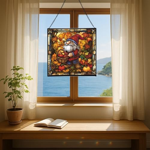 Autumn Harvest Gnome Stained Glass Suncatcher – Square Hanging Window Panel for Home or Greenhouse – Whimsical Glass Art Gift for Garden Lovers, Christmas, Halloween, Father Days NXugt7 - Image 6