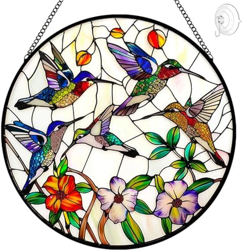 Hummingbird and Flowers Stained Glass Window Hanging - 8″ Hummingbird Suncatcher Indoor Window Hanging Decor Birds Ornaments with Chain and Hooks - Hummingbird Gifts for Women Mom Grandma Bird Lovers by Tufeu