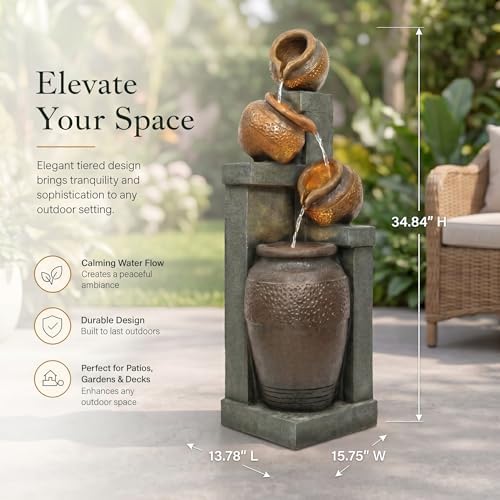 Outdoor Water Fountain with LED Lights, 34.84" Tiered Bowl Cascading Water Feature, Resin Garden Fountain for Patio, Backyard, Balcony, Porch, Deck, Housewarming Gift - Image 2