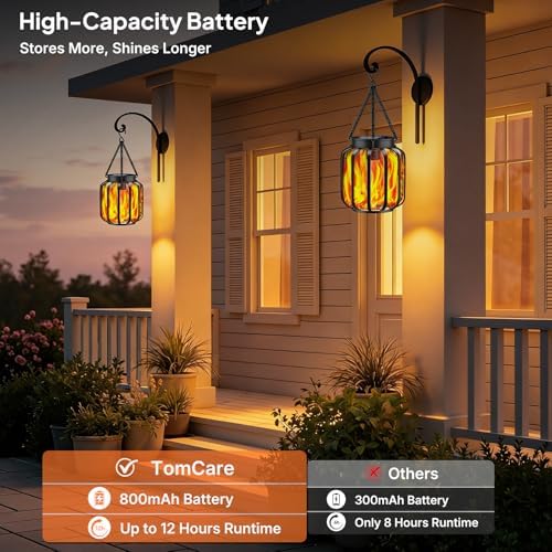 TomCare Solar Lights Outdoor 4 Pack Flickering Flame Metal Hanging Lanterns - Image 3