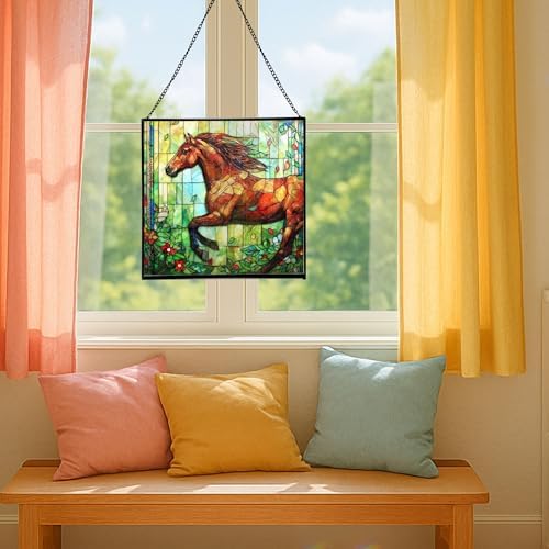 Brown Dutch Warmblood Horse Galloping Along Wild Hedgerow Square Suncatcher – Stained Glass Style Window Panel with Pastoral Scene, Custom Decorative Hanging Art for Equestrian Home, Christmas jib2gJ - Image 5