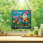 Gnome with Watering Pot Stained Glass Suncatcher – Square Hanging Window Panel for Home or Greenhouse – Whimsical Glass Art Gift for Garden Lovers, Christmas, Halloween, Father Days kgoPbt - Image 2