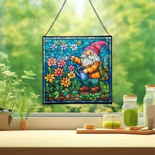 Gnome with Watering Pot Stained Glass Suncatcher – Square Hanging Window Panel for Home or Greenhouse – Whimsical Glass Art Gift for Garden Lovers, Christmas, Halloween, Father Days kgoPbt - Image 2