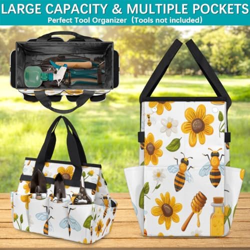Garden Tool Bag Flying Bees Daisies Honey Garden Tool Storage Bag with Pockets Handle Portable Garden Tote Bags for Indoor Outdoor Gardening - Image 3