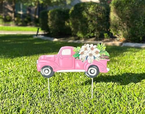 Garden Stake Vintage Truck W Flowers Metal Colorful Lawn Yard Entry Spring Summer Outdoor Decor Home Business 18"x18" (Pink Truck) - Image 4