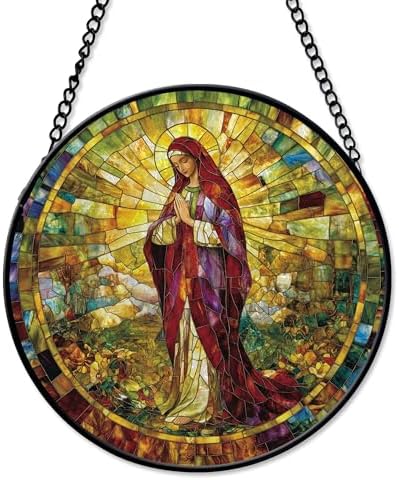 Mary with Earthlight Bloom Suncatcher Window Hanging Handmade Stained Glass Suncatchers Decoration with Metal Chain Outdoor Garden Decor Gift for Women Christmas Thanksgiving 9.8 Inch by Unknown