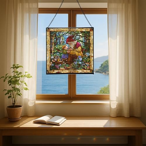 Gnome Mother Tending Her Child Stained Glass Suncatcher – Square Hanging Window Panel for Home, Garden, Nursery, Halloween, Christmas, Memorial Day – Whimsical Glass Art Gift for Gnome Lovers tpjzue - Image 6