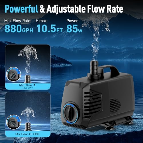 POPOSOAP 880GPH Submersible Water Pump, Water Fountain (85W 3200L/H) with 10.5FT High Lift Adjustable & 3 Nozzles & 16.4FT Cord, Ultra Quiet Aquarium Pump for Pond Fountain Waterfall Hydroponics-Q105 - Image 3