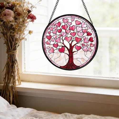 Pink Heart Tree Stained Glass Window Hanging Suncatcher Gifts Decor 9.8" - Image 5