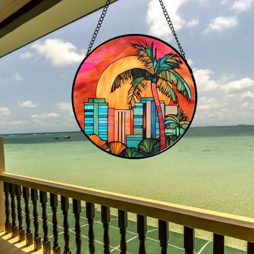 CHATYOUNG Stained Glass Window Hanging Sunrise Coconut Tree Large 11.8" - Colorful Suncatcher Door Garden Home Decor and Christmas Mother's Day Birthday Gifts for Grandma Mom Women Wife Friend Men - Image 2