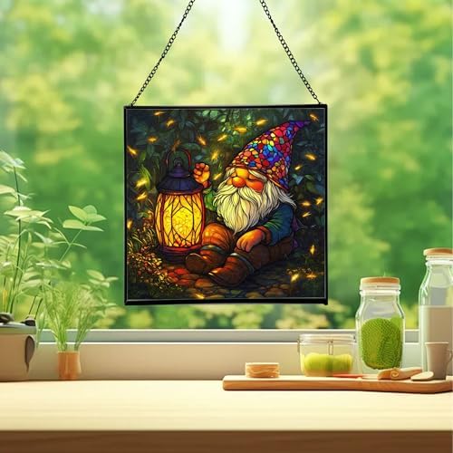 Lantern Gnome Glow Stained Glass Suncatcher – Square Hanging Window Panel for Home or Greenhouse – Whimsical Glass Art Gift for Garden Lovers, Christmas, Halloween, Father Days TWeAHz - Image 2