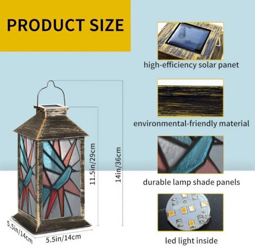 Solar Lantern Mid Century Stained Glass Outdoor Waterproof Garden Hanging Lantern Solar Powered Lighting Outside Solar Light for Patio Yard Camping, Gifts for Women Mom - Image 2