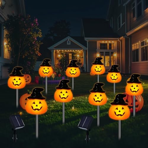 BRIGHTDECK Halloween Pumpkin Stake Lights, Set of 10 Solar Pumpkin Lights, Waterproof Halloween Decorations for Outdoor Garden and Yard (Hat Pumpkin) - Image 7
