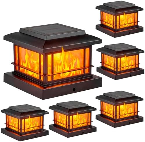 JOFIOS Flickering Flame Solar Post Cap Lights Outdoor, Black Post Lights with 3 Color Temperature, Fits 3.5" 4" 4.5" 5" Wood/Vinyl Posts, IP64 Waterproof Fence Deck Lights for Garden Patio Yard 6 Pack by JOFIOS
