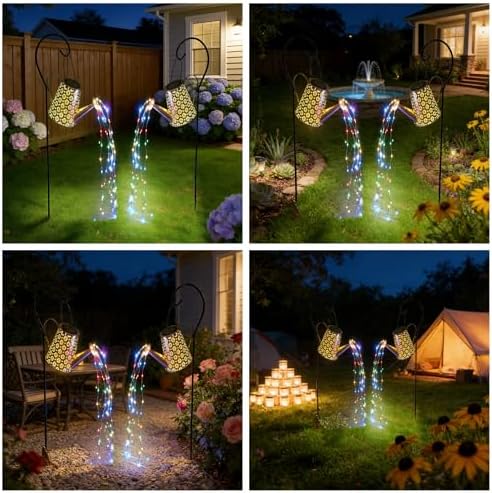 2 Pcs Solar Watering Can Lights, Hanging Solar Waterfall Lights Waterproof Outdoor Garden Decor Yard Art for Porch Landscape Patio, Gardening Gifts for Mom Grandma Women - Image 6