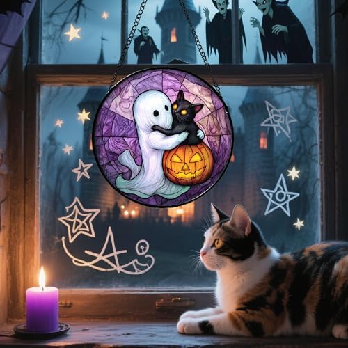 Ghost Cat Pumpkin Purple Stained Glass Window Hanging Suncatcher Gifts 15" - Image 2