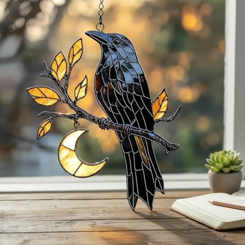 Raven Moon Acrylic Suncatcher - Faux Stained Glass Indoor Window Hanging Ornament, Outdoor Sun Catcher Panel, Home Decor Gift for Bird Lovers - Image 3