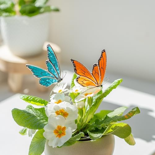 Morpho and Monarch Butterfly Plant Stake Set - Blue & Orange Decorative Plant Stakes for Indoor Plants - Colorful Insect Plant Accessories for Pots & Garden Decor - Gift Set for Plant Lovers - Image 2