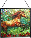 Brown Dutch Warmblood Horse Galloping Along Wild Hedgerow Square Suncatcher – Stained Glass Style Window Panel with Pastoral Scene, Custom Decorative Hanging Art for Equestrian Home, Christmas 3wkf38 by Custom
