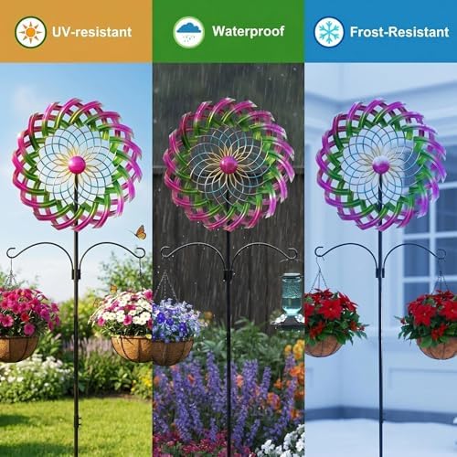 Large Metal Wind Spinner Outdoor, 96'' Adjustable Height with 24'' Sickle Blades, Water Ripple Motion & Smooth 360° Rotation, Weatherproof Garden Decor for Patio Lawn Backyard (Red&Blue) - Image 6