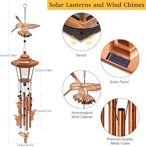 Large Solar Hummingbird Wind Chimes, Gifts for Women Mom Grandma Wife Sister Daughter Neighbor, Classic Bronze Wind Chimes with Wind Catcher, Solar Decor Lights for Outdoor Garden Patio Porch Window - Image 2