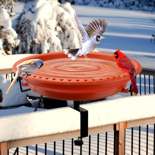 Daoeny Heated Bird Baths for Outdoors, Upgraded 100W Thermostatically Controlled Heated Bird Bath for Deck Railing, Heated Bird Bath for Outside Winter Garden Yard Patio Decor (Terracotta) by Daoeny