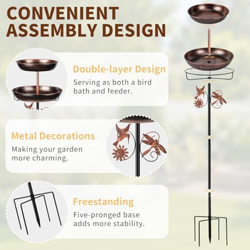 Outdoor Freestanding 2‑in‑1 Bird Bath & Feeder, 43 Inch Vintage Metal Bird Bowl with Upgraded 5‑Pronged Stable Ground Stake Base, Decorative Ornament for Lawn, Yard & Garden - Image 3